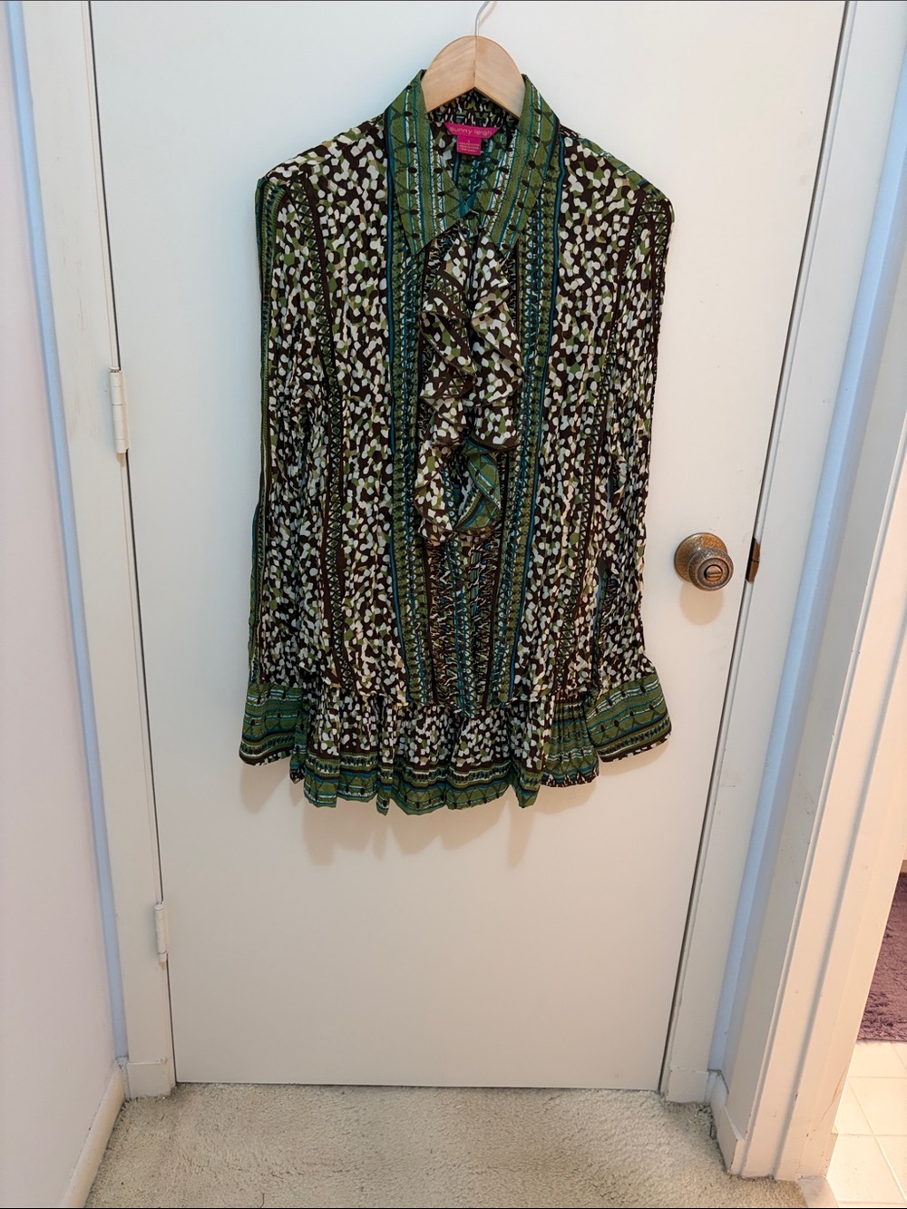 Sunny Leigh Green Patterned Ruffle-Front Blouse and Skirt
